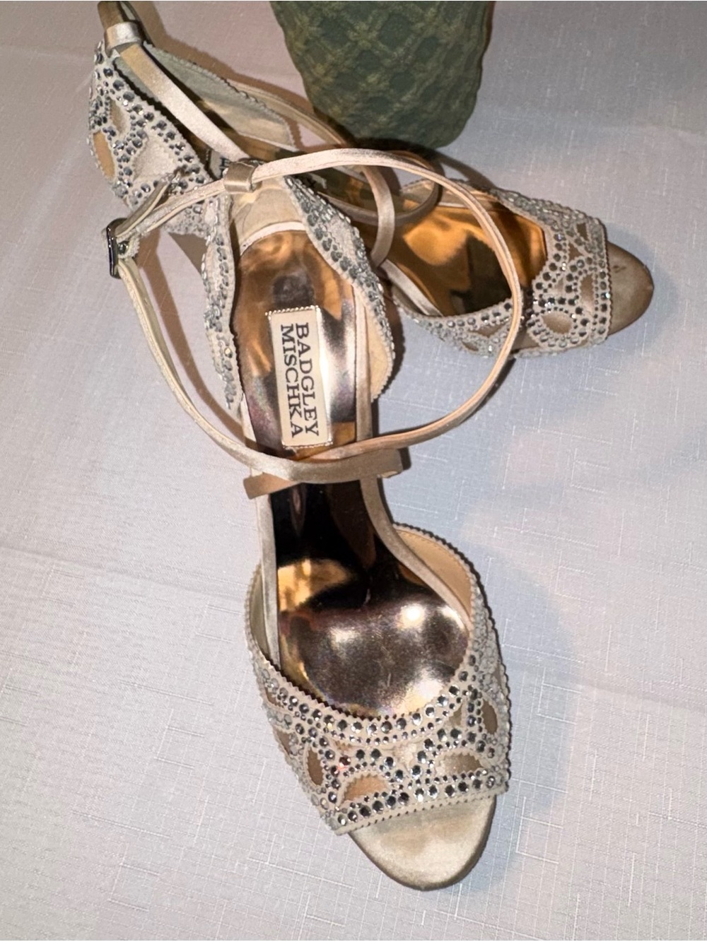 Ivory Satin, Crystal, Open-Toe Wedge Heel, Ankle Strap Badgley Mischka Shoes